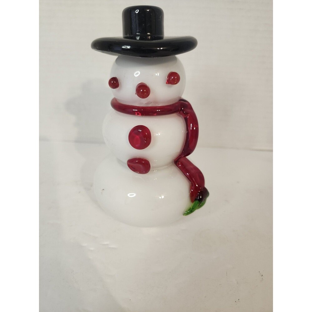 Glass snowman with red and green scarf black cowboy hat